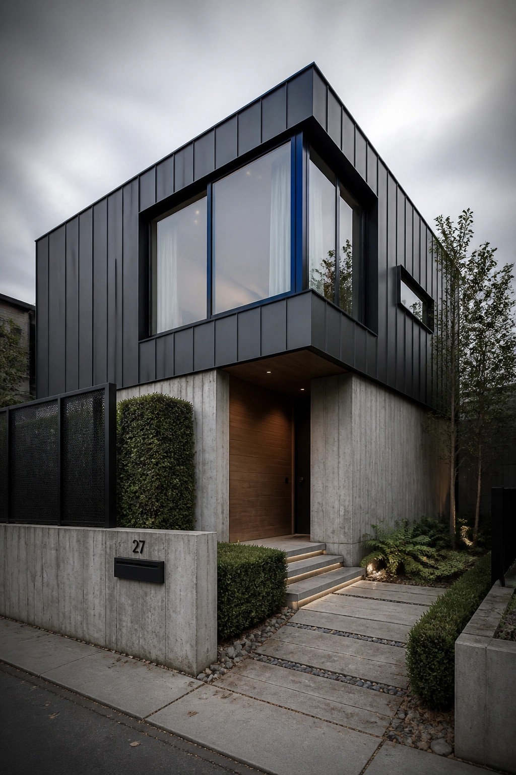 A modern two-story house with black vertical metal siding on the upper level above a concrete base, large corner windows, a wooden front door, and a recessed entry with the number 27 visible on the concrete wall.