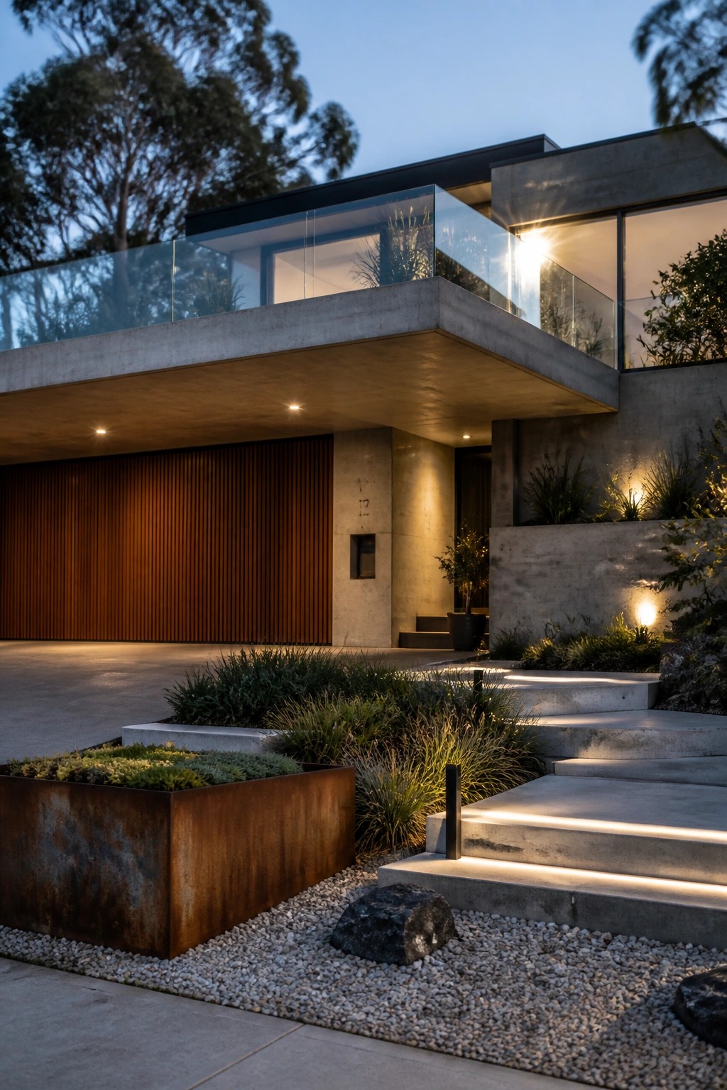 Modern concrete home with glass balcony, wooden garage, and illuminated stone steps at dusk.