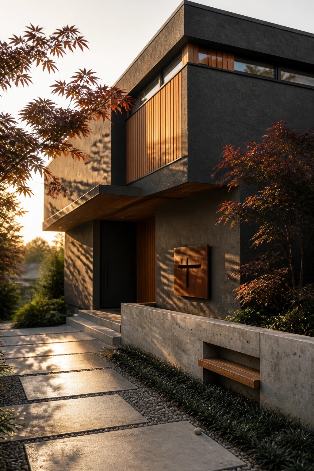 Modern dark concrete house with wood accents, cross emblem, and autumn trees at sunset.