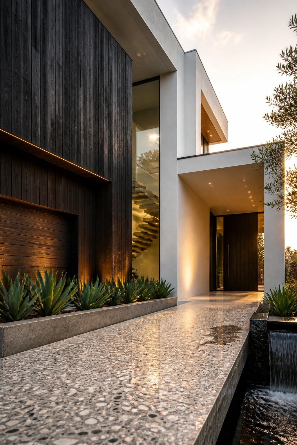 Modern house exterior with dark vertical wood siding next to white concrete walls, a glass window revealing an interior staircase, and landscaping with agave plants and a water feature.