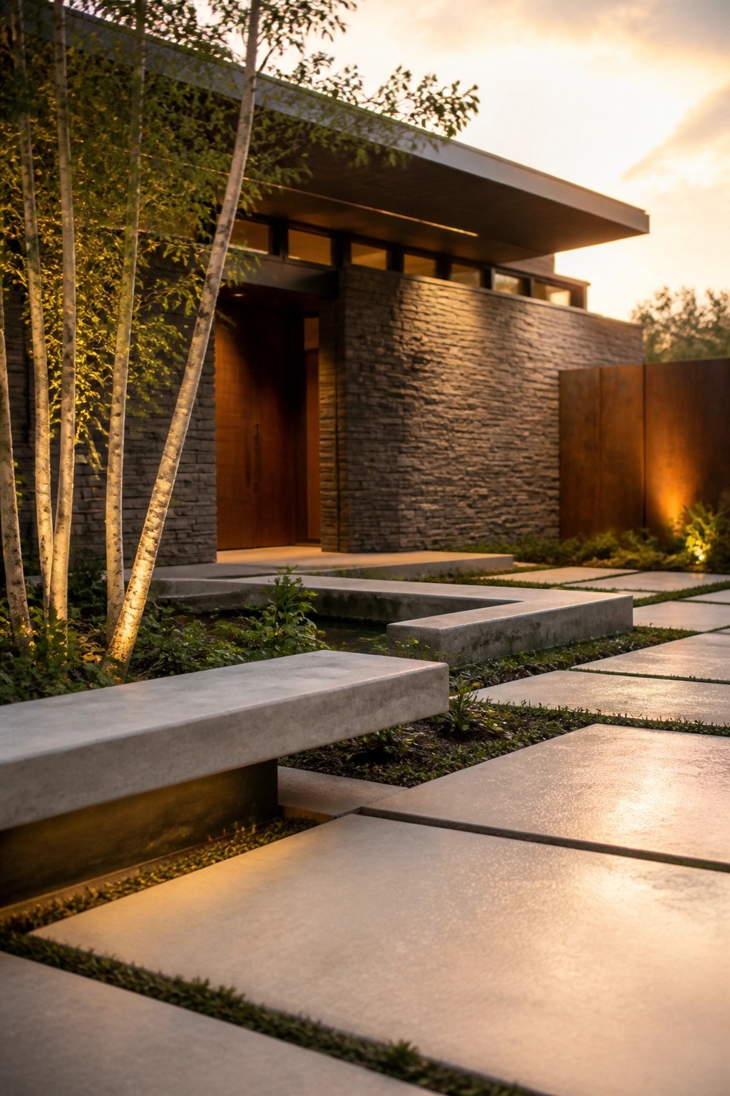 Modern house exterior featuring a stone wall, wooden front door, concrete steps, and paver pathway with trees at dusk.