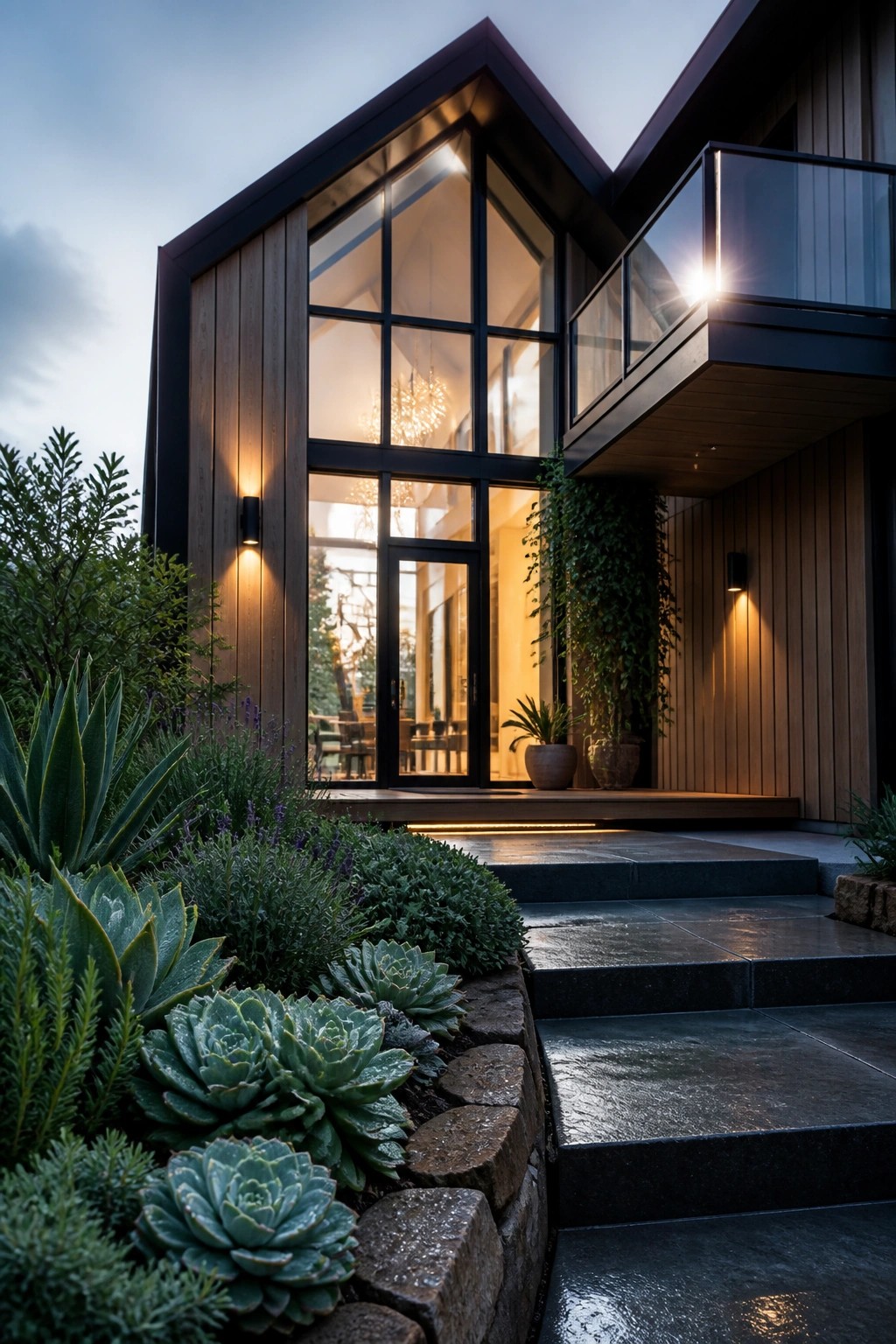 Modern wooden house with illuminated windows, stone steps, and succulent garden at dusk.