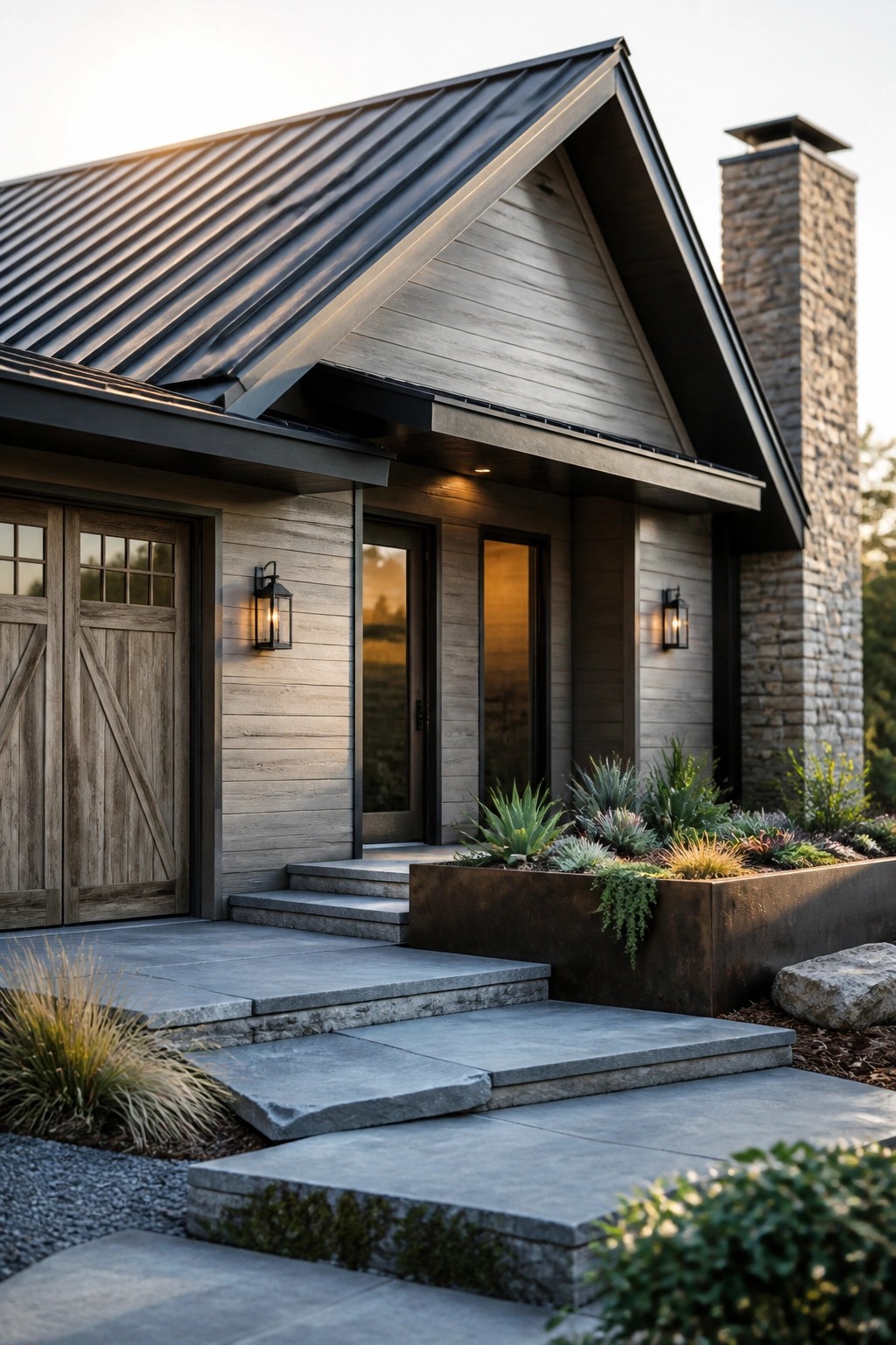 A modern house exterior shows a dark metal gable roof, light wood siding, a stone chimney, wooden garage doors, and a concrete walkway with a raised metal planter.