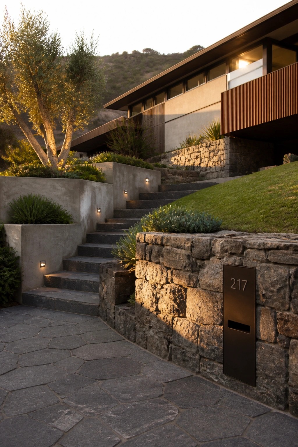 Modern hillside home with stone stairs, pathway, retaining walls, and address 217 at dusk.