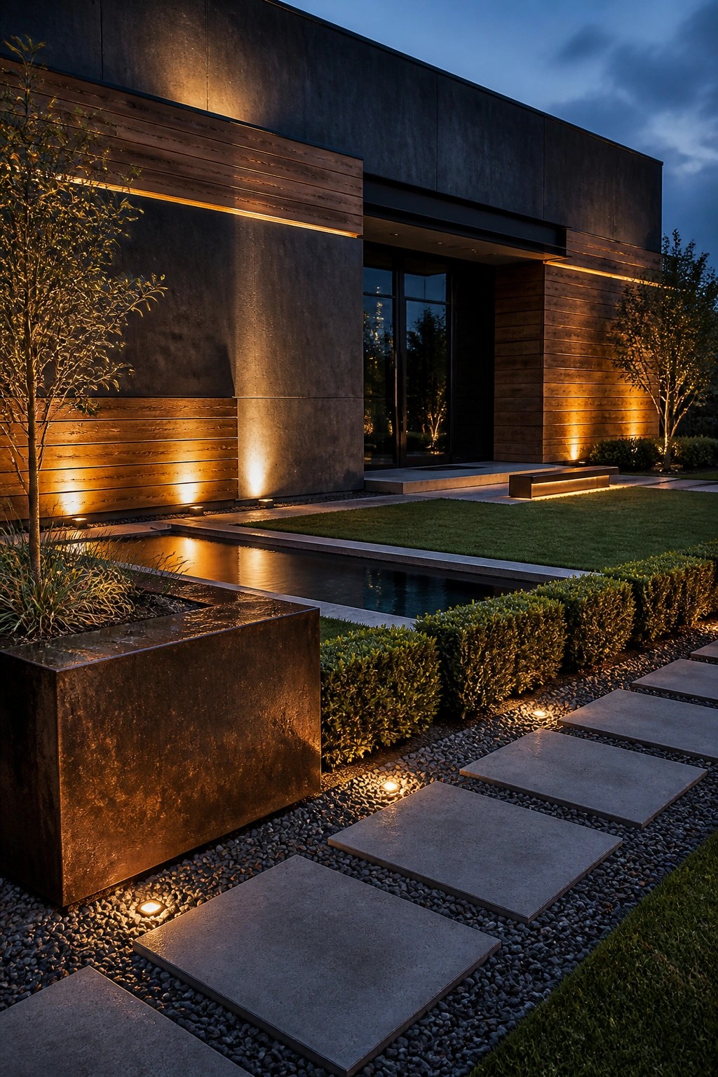A modern house exterior at dusk with concrete and wood siding, a reflecting pool, illuminated stepping stone path, and landscaped beds with trees and shrubs.