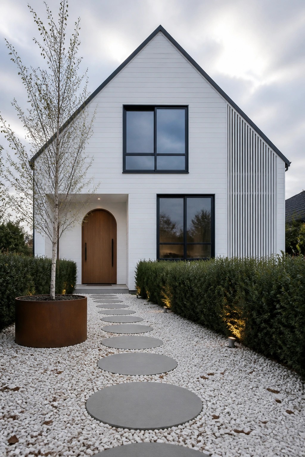 A modern two-story white house with black trim, horizontal siding, vertical slats on the right side, an arched wood entry door, and a gravel path with round stepping stones leading to the front.