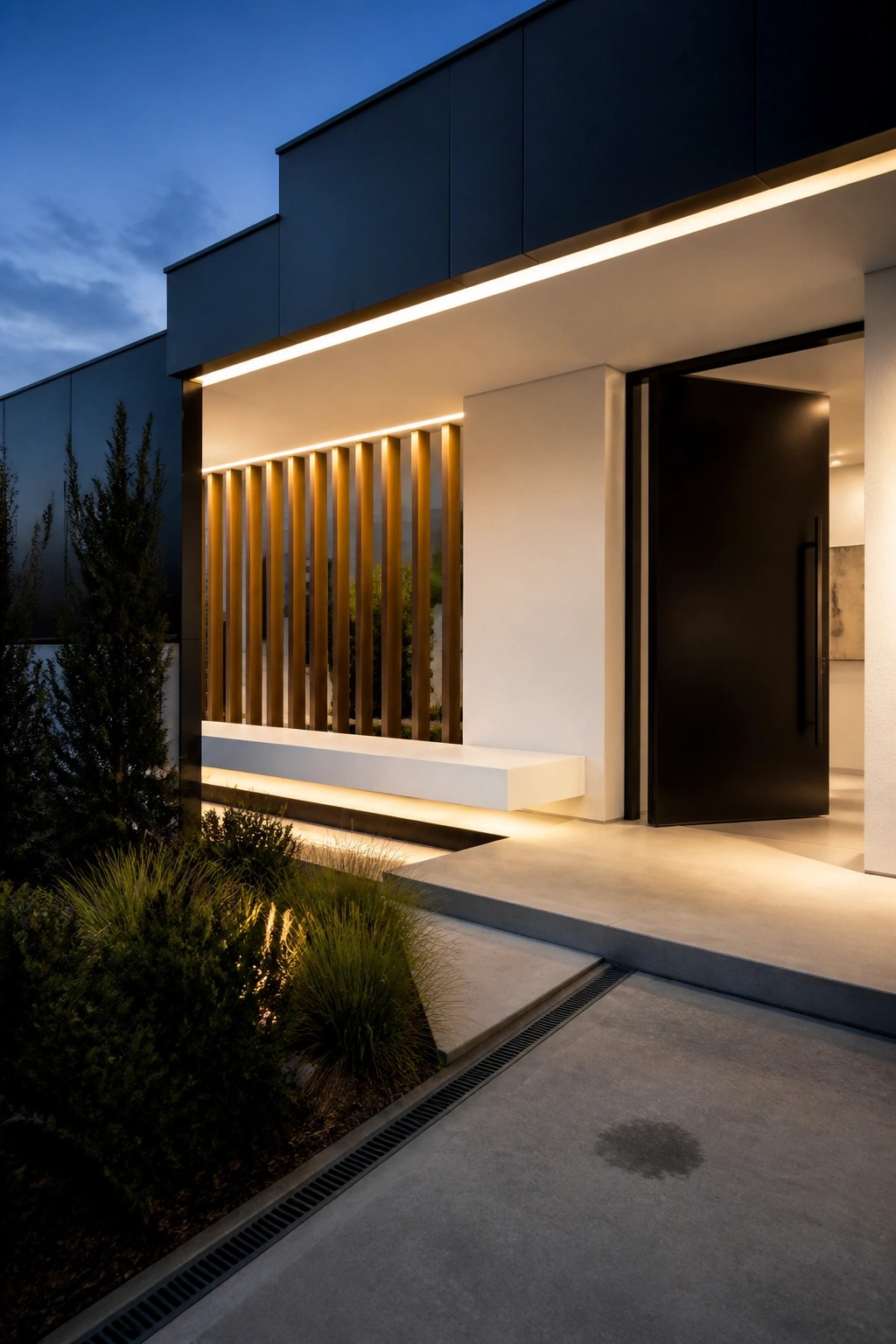 Modern house entrance at dusk with black door, white walls, vertical wooden slats lit by linear LED strips, and concrete steps beside landscaping.