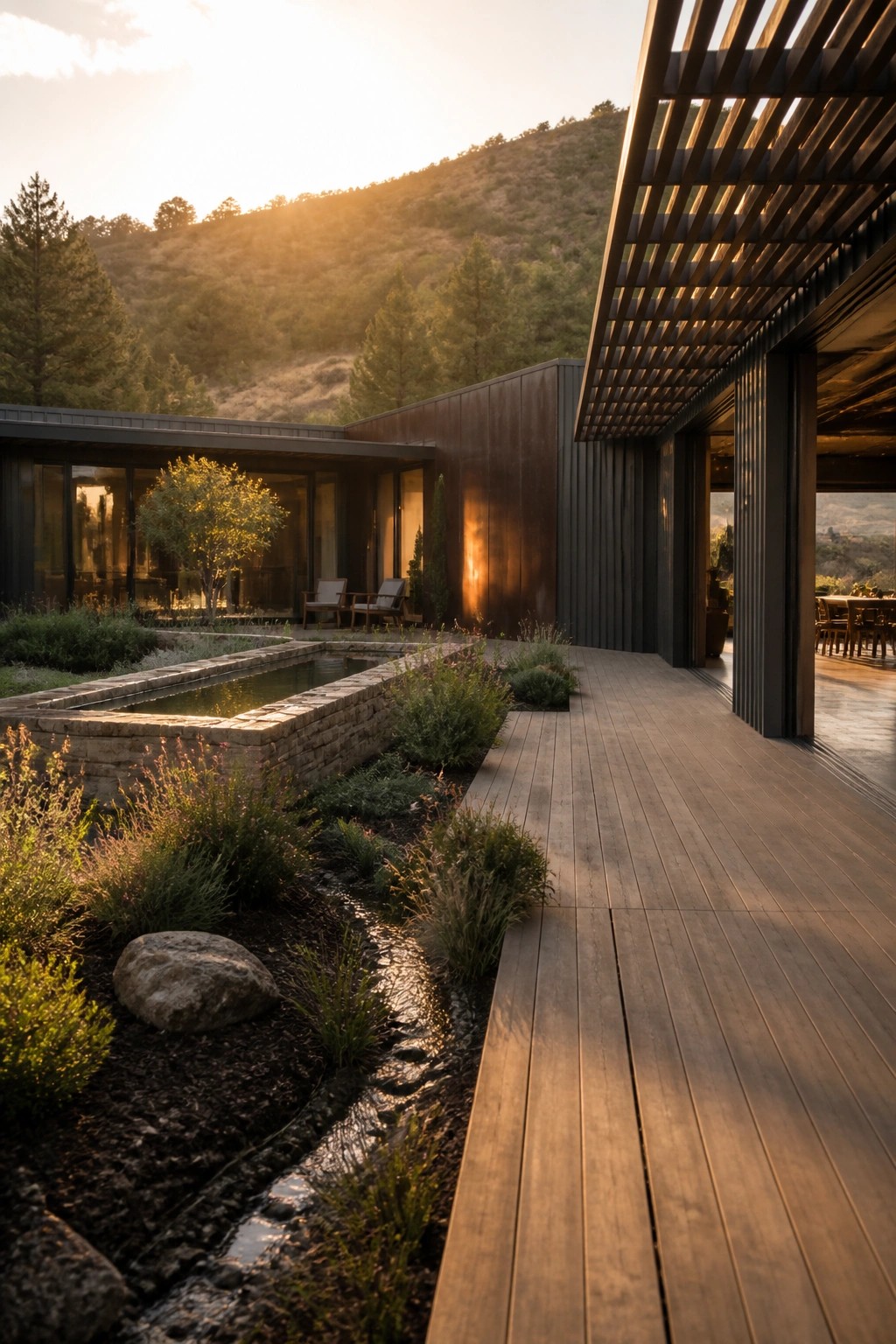 Modern dark-sided house with a long wooden deck, a stone-edged pond, and native landscaping in front of a forested hillside at sunset.
