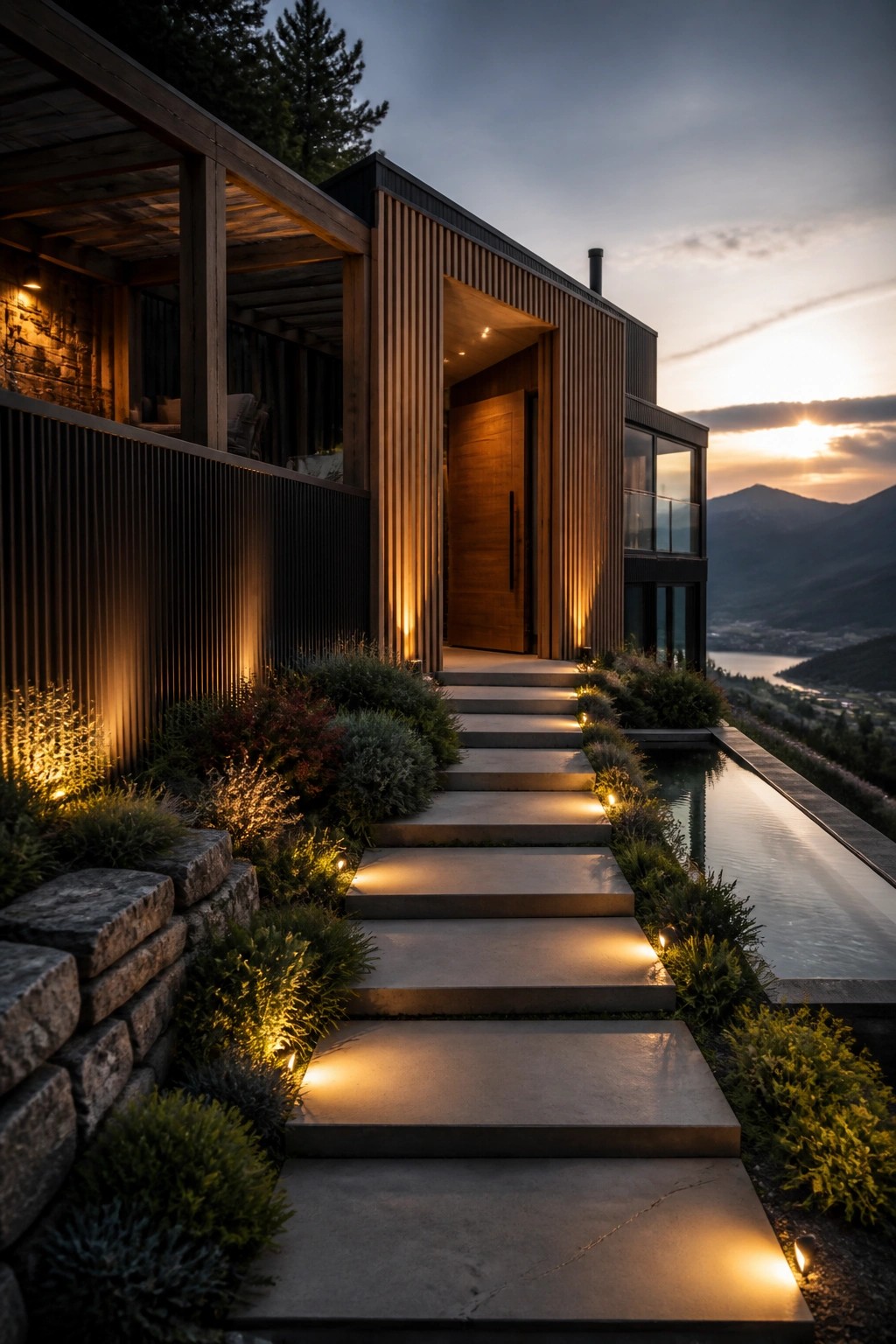 Modern hillside house with vertical wood siding, a wooden front door, and wide concrete steps fitted with embedded lights leading up to the entrance beside a long pool.
