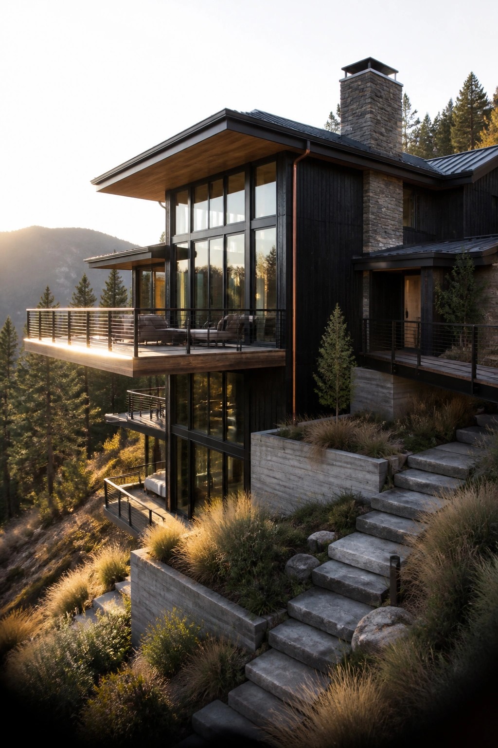 A modern multi-level mountain house with dark siding, large windows, cantilevered wood decks, and concrete planters set into a steep hillside with stone steps.
