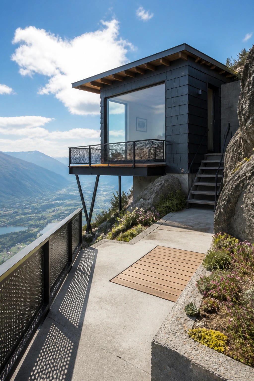 A modern dark wood house with a cantilevered balcony on metal supports sits on a rocky hillside, with concrete paths and stairs leading to the door.