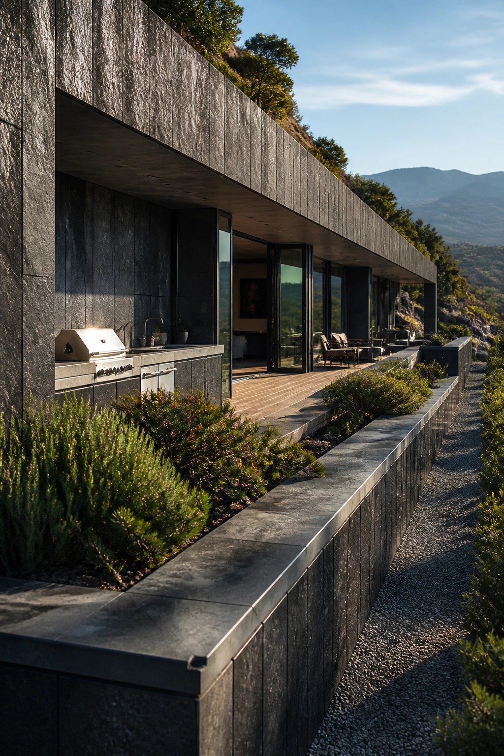 A modern dark stone house with a long wooden deck, outdoor kitchen, and raised planters built into a hillside with mountains beyond.