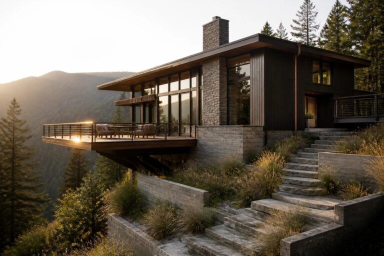 14 Modern Mountain House Exterior Ideas Built for Hillside Homes A modern multi-level mountain house with dark siding, large windows, cantilevered wood decks, and concrete planters set into a steep hillside with stone steps.