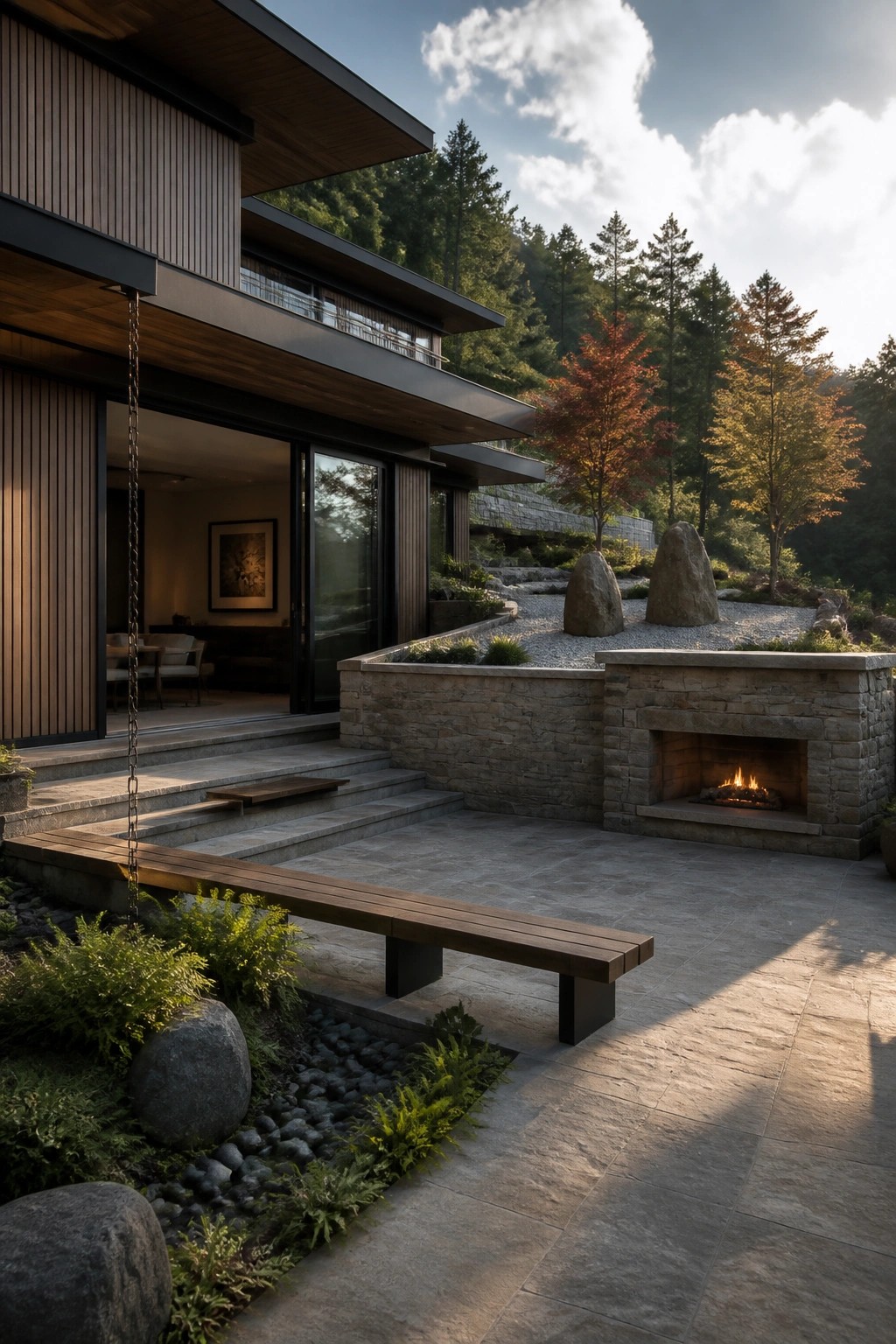 Modern wooden house with stone fireplace, patio bench, and forested hillside.