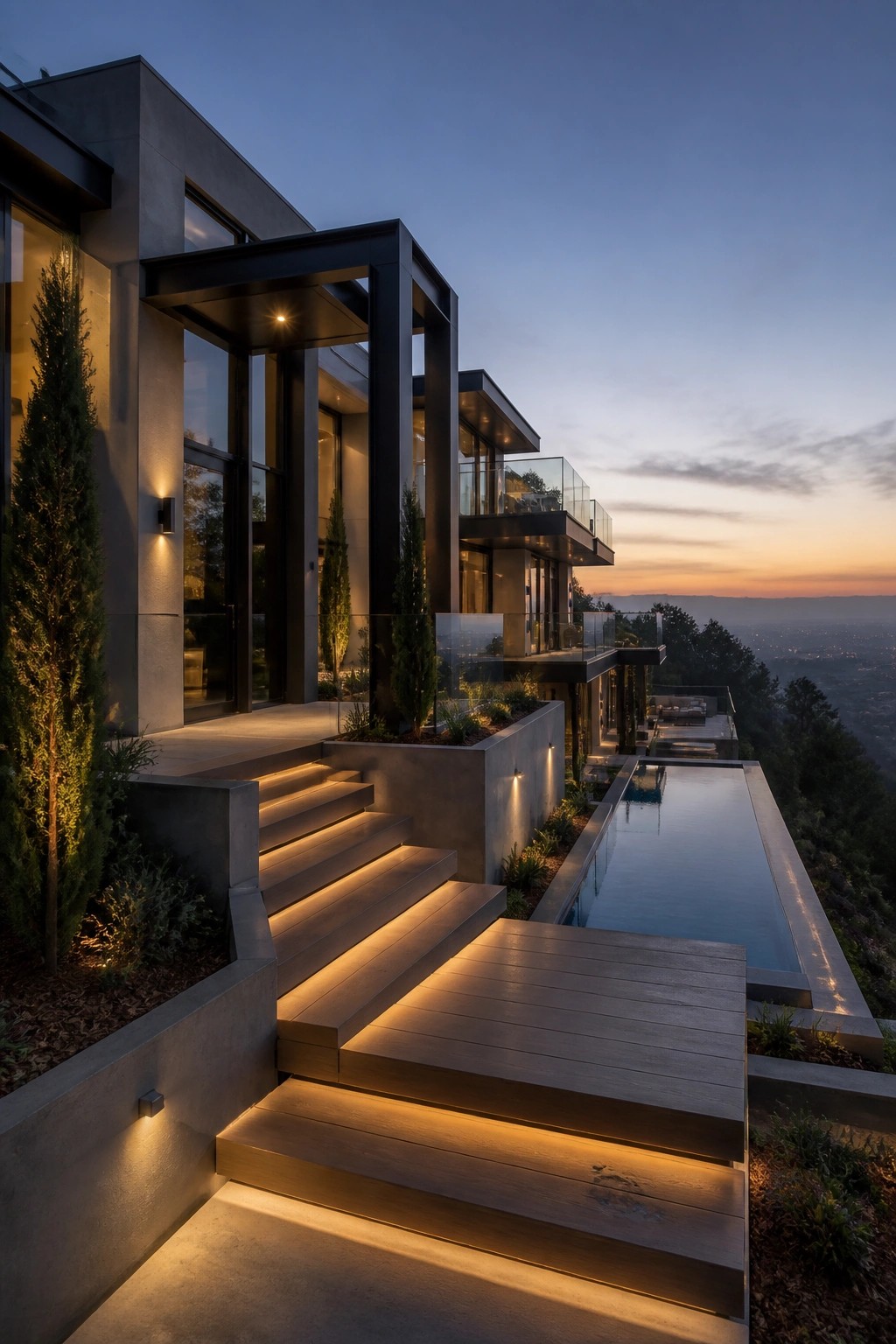 Modern hillside villa with glowing stairs and infinity pool at twilight