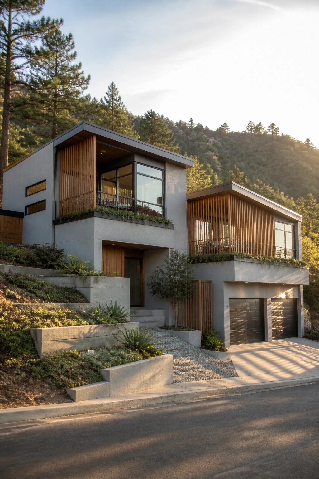 A modern hillside house with gray concrete exterior, wood slat details, large windows, and stepped concrete retaining walls leading down to a two-car garage.