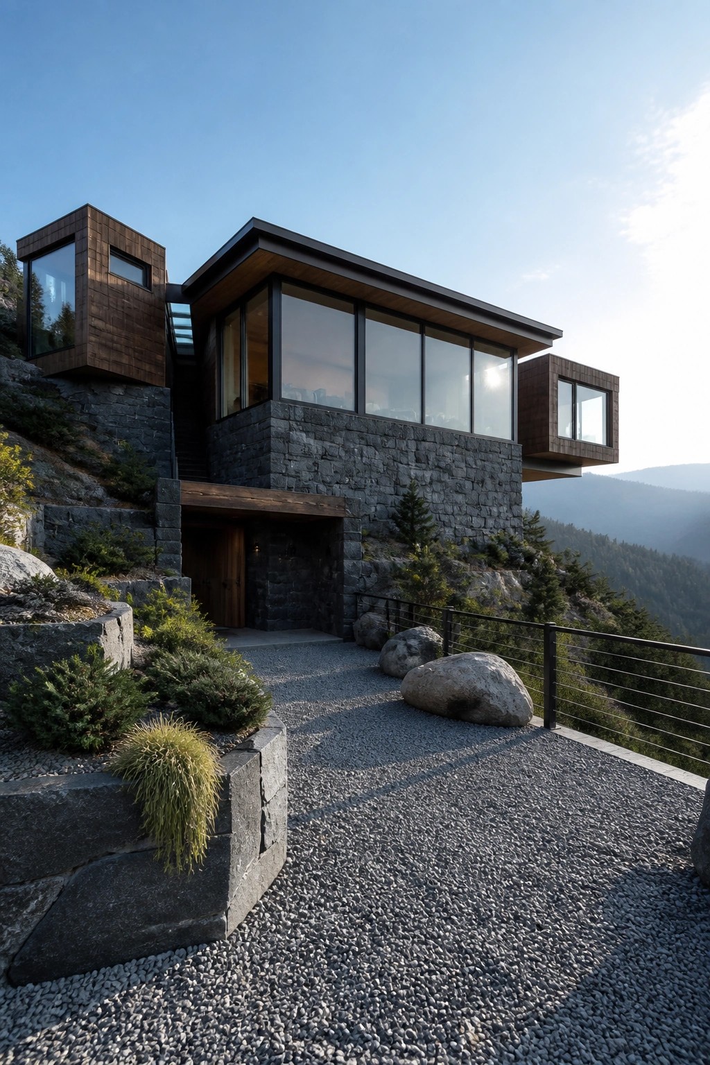 A modern house built into a rocky hillside with a prominent stone base, wood siding on upper levels, large windows, and a gravel driveway in front.
