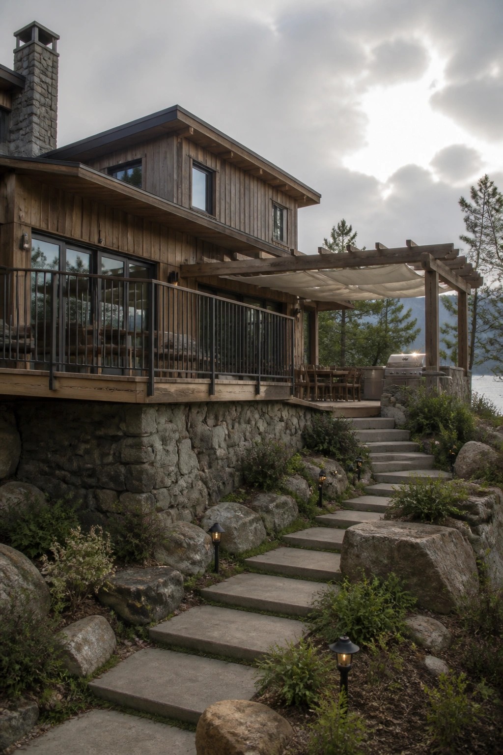 Modern wooden lakeside house with stone base, deck, pergola, grill, and stone steps.