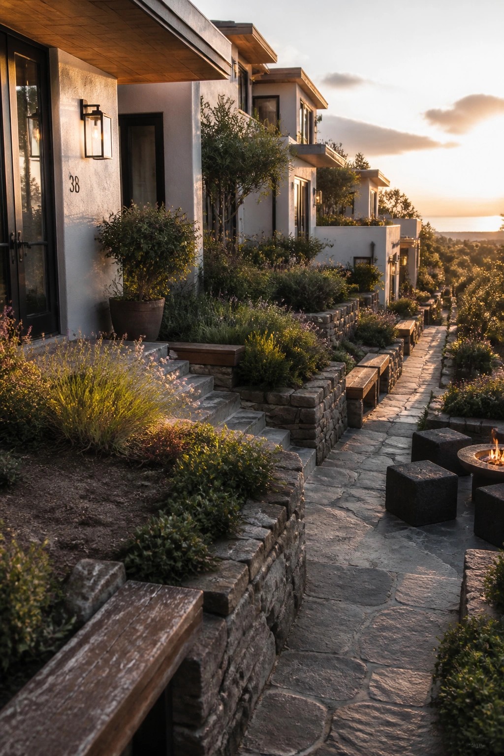 Modern white hillside homes with dark trim sit above stone retaining walls and a winding stone path lined with wooden benches and low plantings.