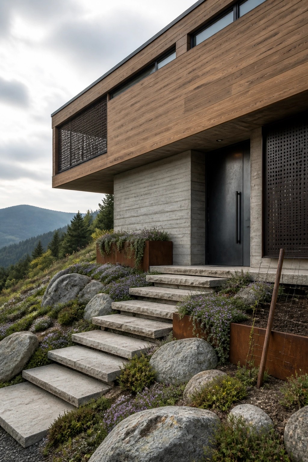 Modern wooden house with stone steps, black door, and mountain backdrop
