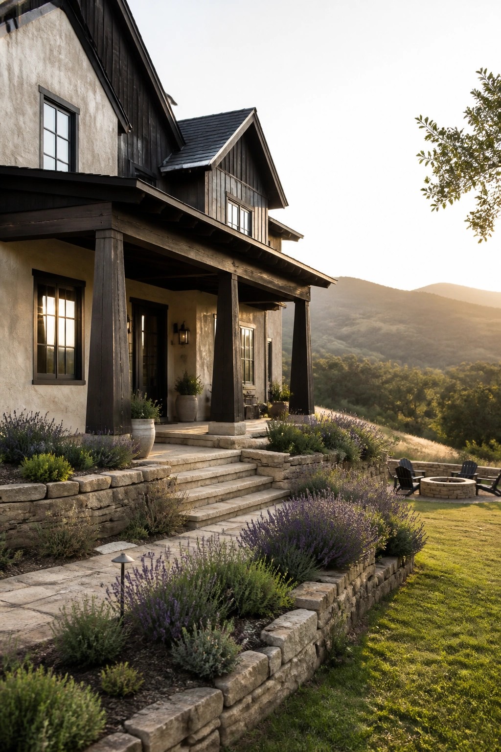 Rustic stone and wood house with porch, lavender gardens, fire pit, and hillside view.