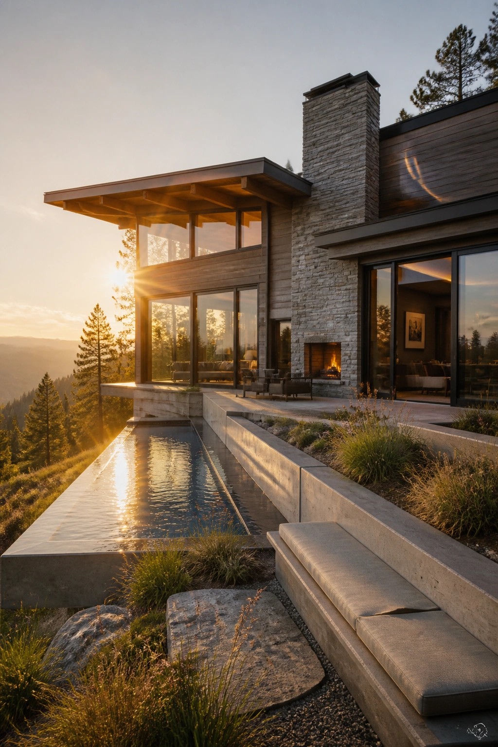 Modern luxury home with long reflecting pool and stone chimney at sunset