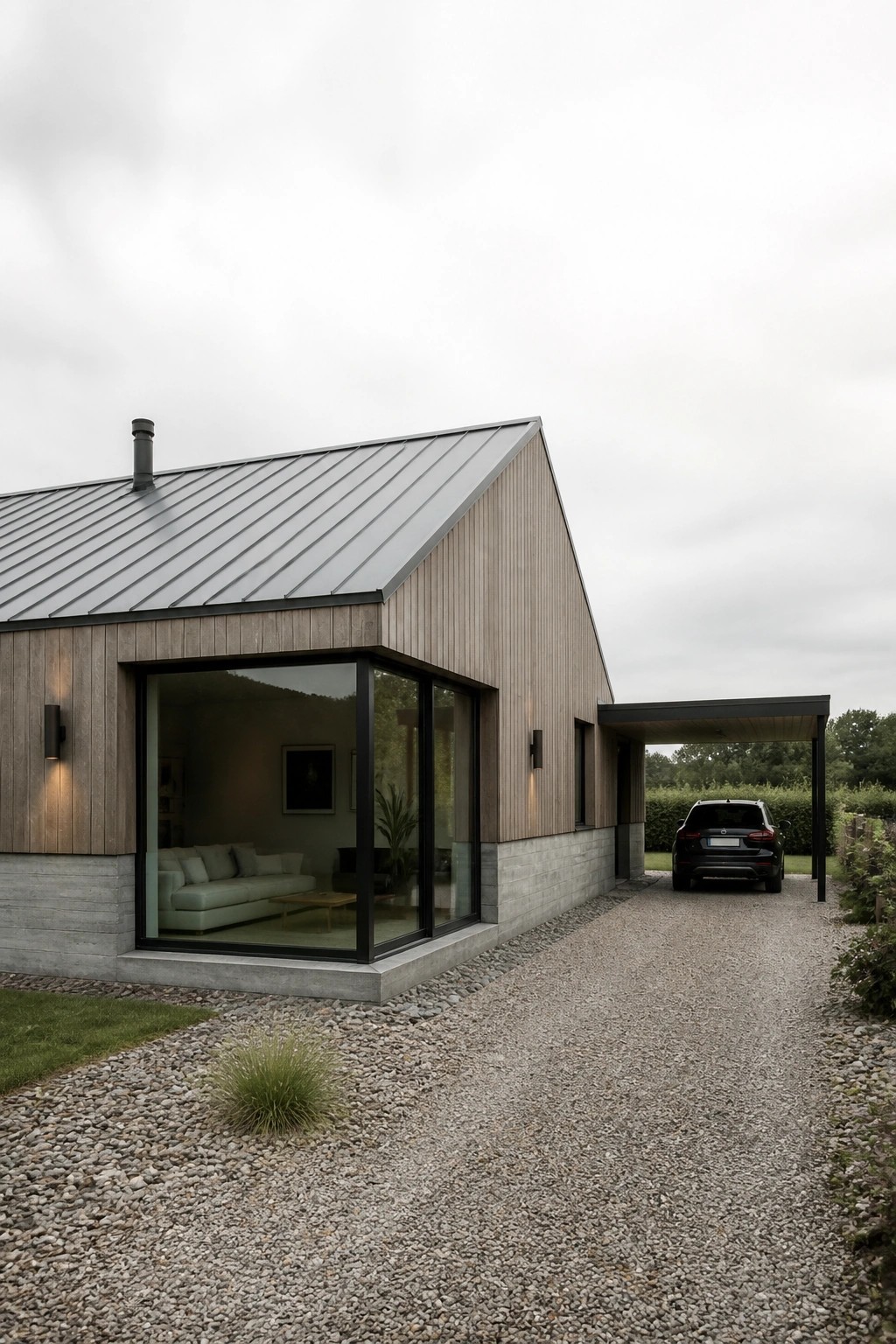 A modern one-story house with wood siding, a metal gable roof, large windows, and an attached carport on a gravel driveway.