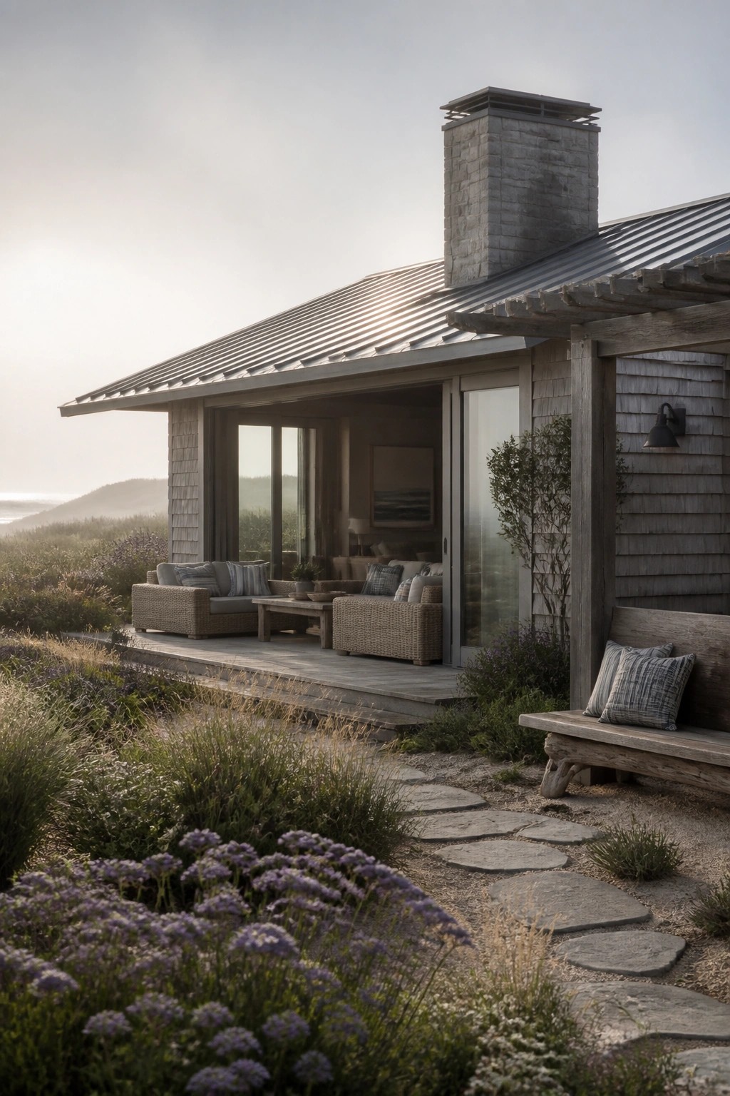 A modern one-story house with gray wood siding, a long metal roof, a stone chimney, and a covered deck furnished with woven seating, set among coastal dunes and a stone path lined with purple flowers.