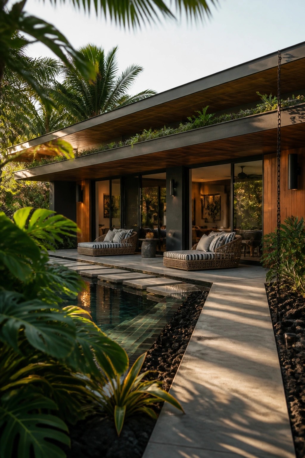 Modern villa with pool, lounge chairs, wooden ceiling, and lush tropical plants