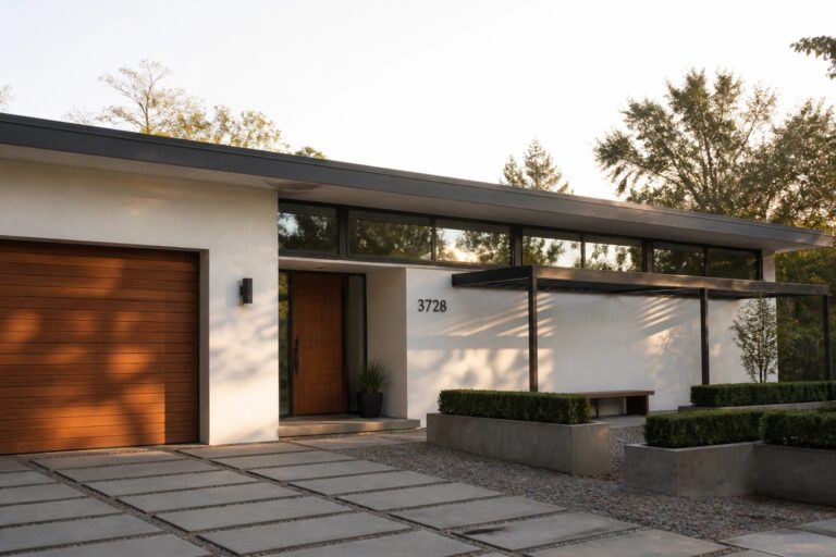 22 Modern One-Story House Exterior Ideas With Streamlined Rooflines Modern one-story house with flat roof, covered entry, wood garage door, and concrete pavers set in gravel.