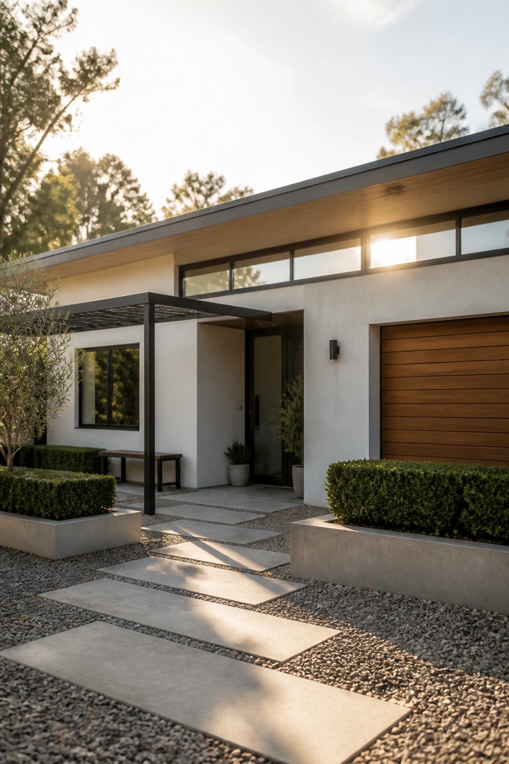 Modern one-story house with flat roof, covered entry, wood garage door, and concrete pavers set in gravel.