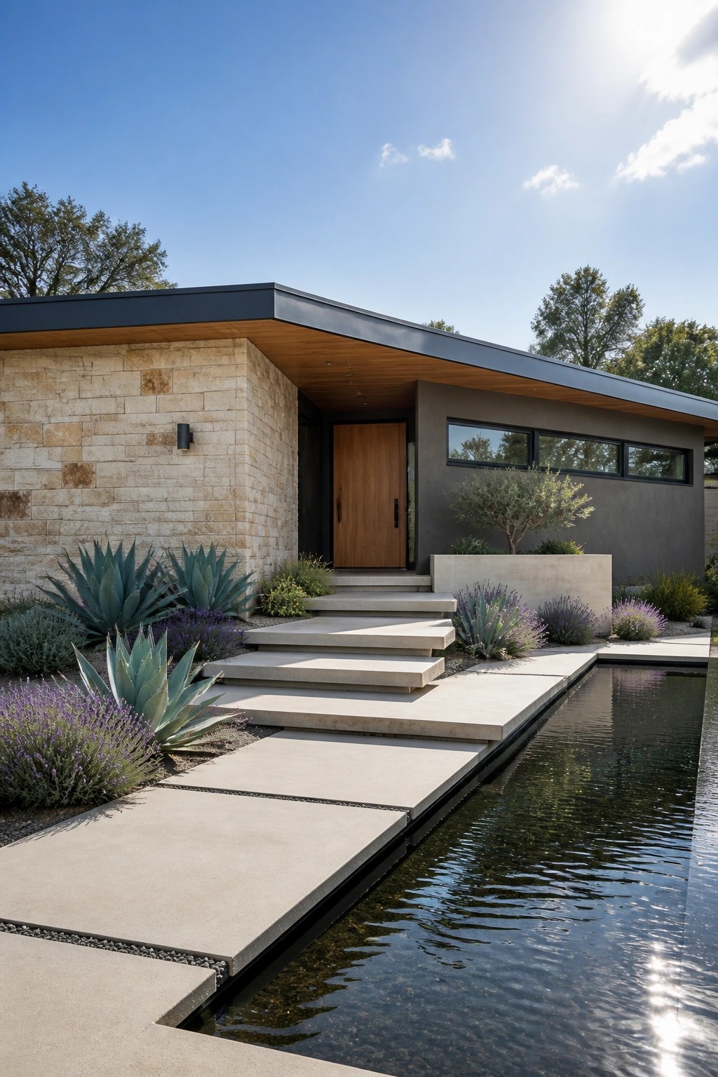 A modern one-story house with a flat dark roof overhang, stone and dark siding walls, a wooden front door, concrete steps, and a long reflecting pool beside the walkway.