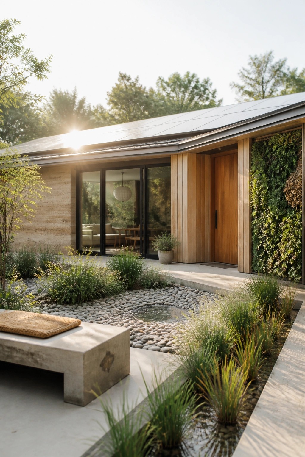 A modern one-story house with a flat roof covered in solar panels, stone and wood siding, large glass doors, and a front yard landscaped with rocks, grasses, and a small water feature.