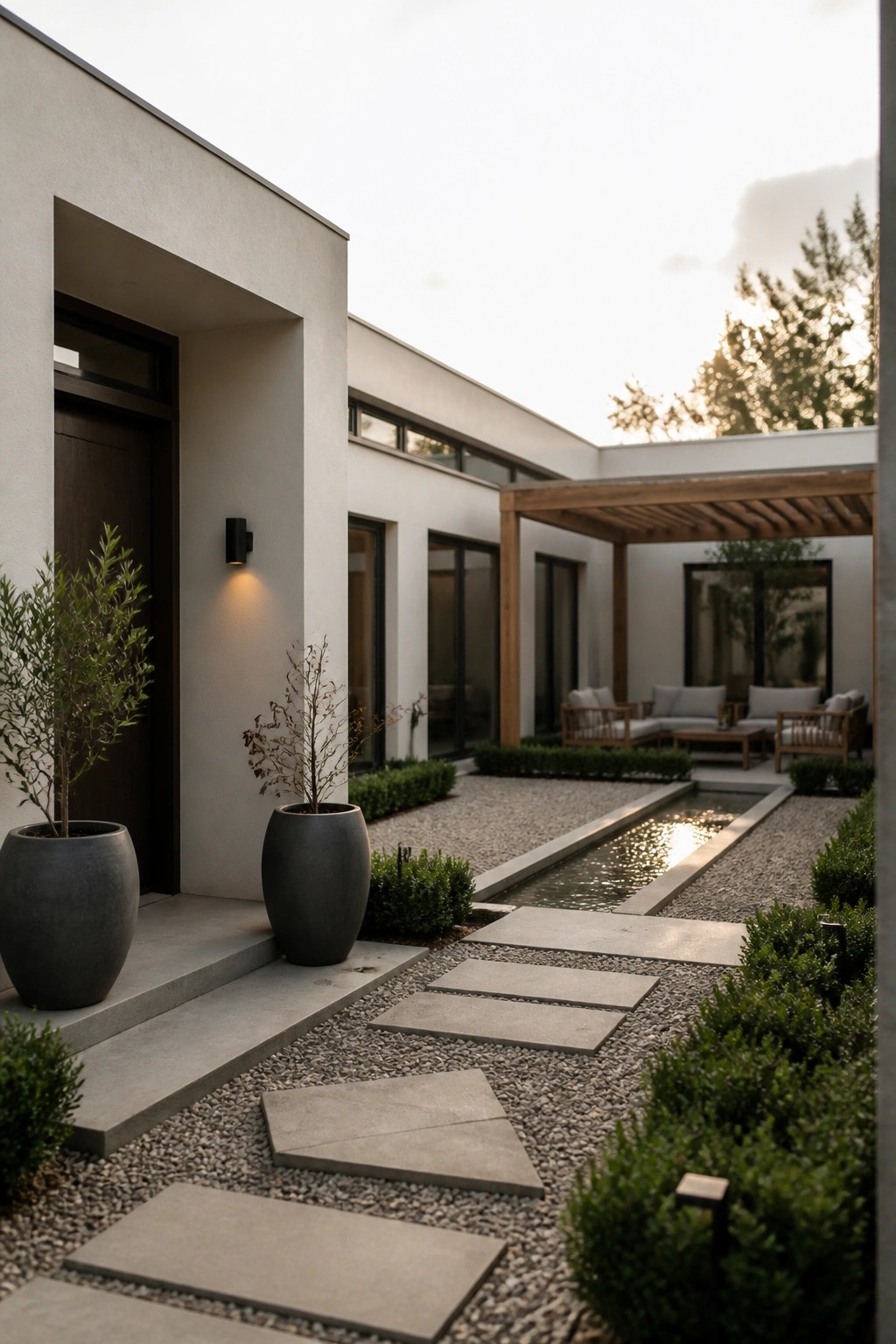 Modern one-story house exterior with flat roofline, light stucco walls, dark entry door, gravel courtyard, concrete stepping stones, and large potted plants.