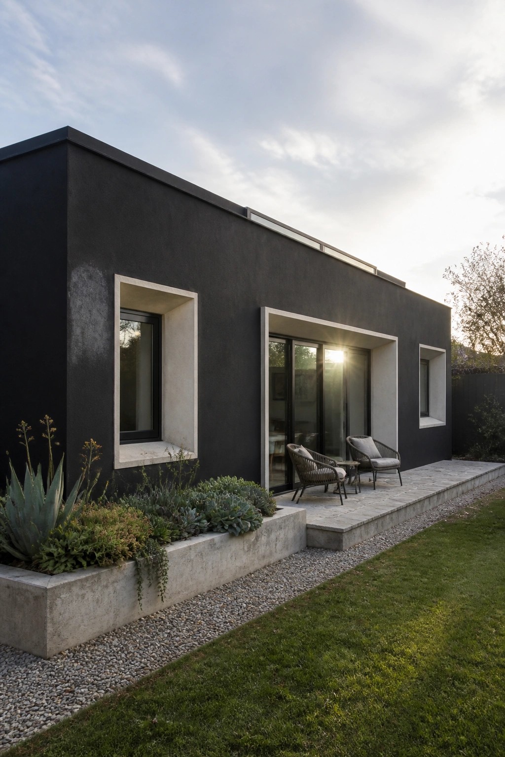 A modern one-story house with a flat dark roof, black walls, recessed windows, and a concrete patio with two chairs.