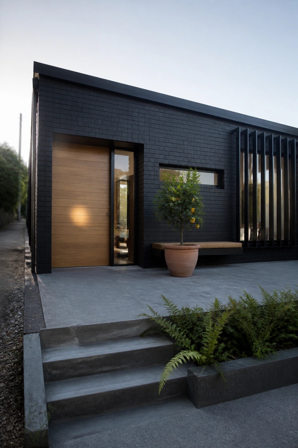 A modern one-story house with black brick siding, a flat roof, a wooden front door, concrete steps, and a potted tree on the patio.