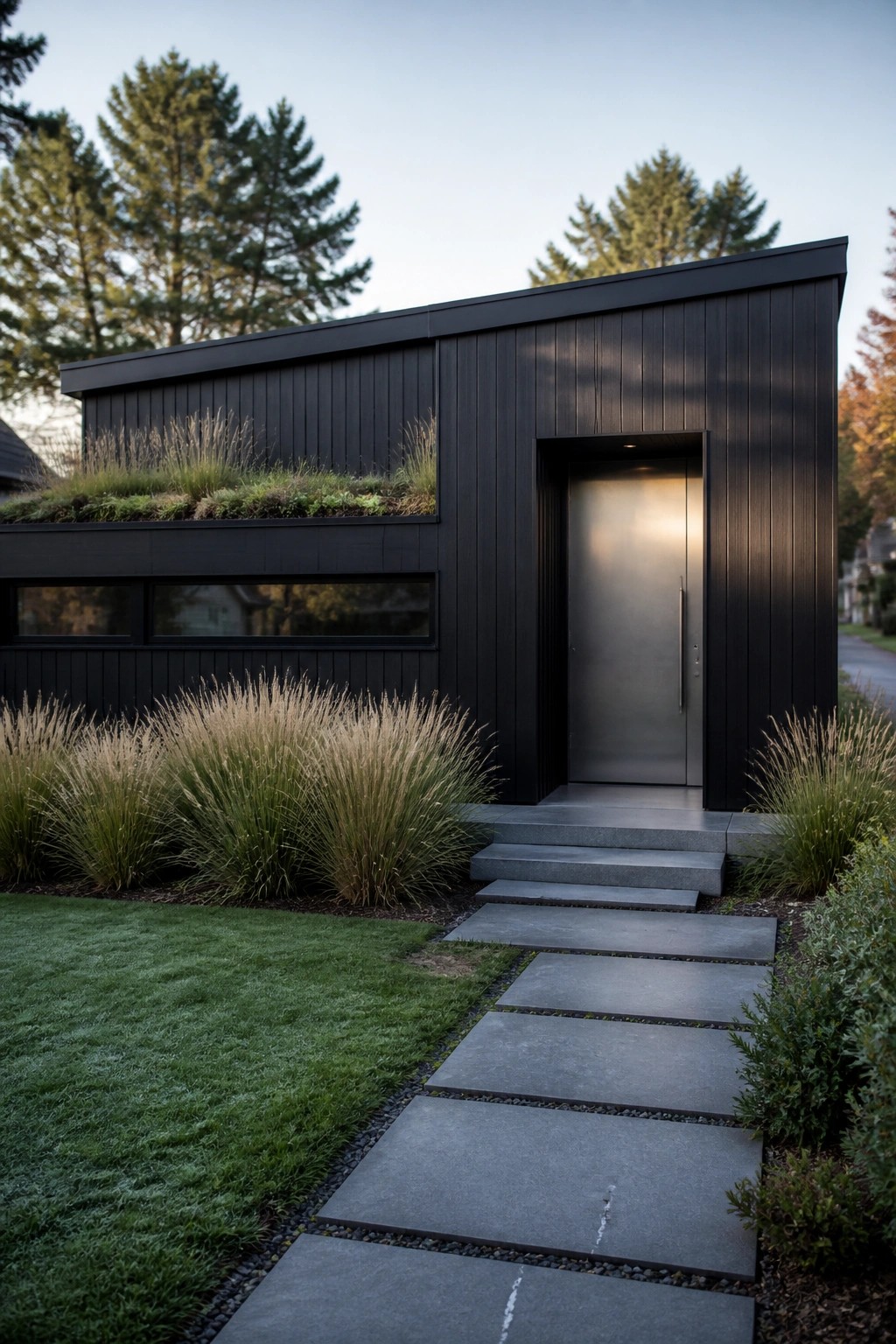A modern one-story house with dark vertical siding, a flat roof with a planted section, a stainless steel door, and a stone paver walkway leading to the entrance.