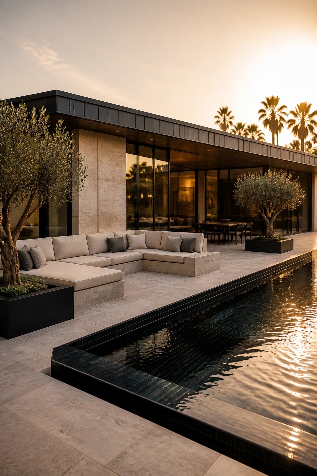 A modern one-story house with a flat black roofline, large glass windows, an L-shaped outdoor sectional on a stone patio, and a long rectangular pool with dark tiles at sunset.