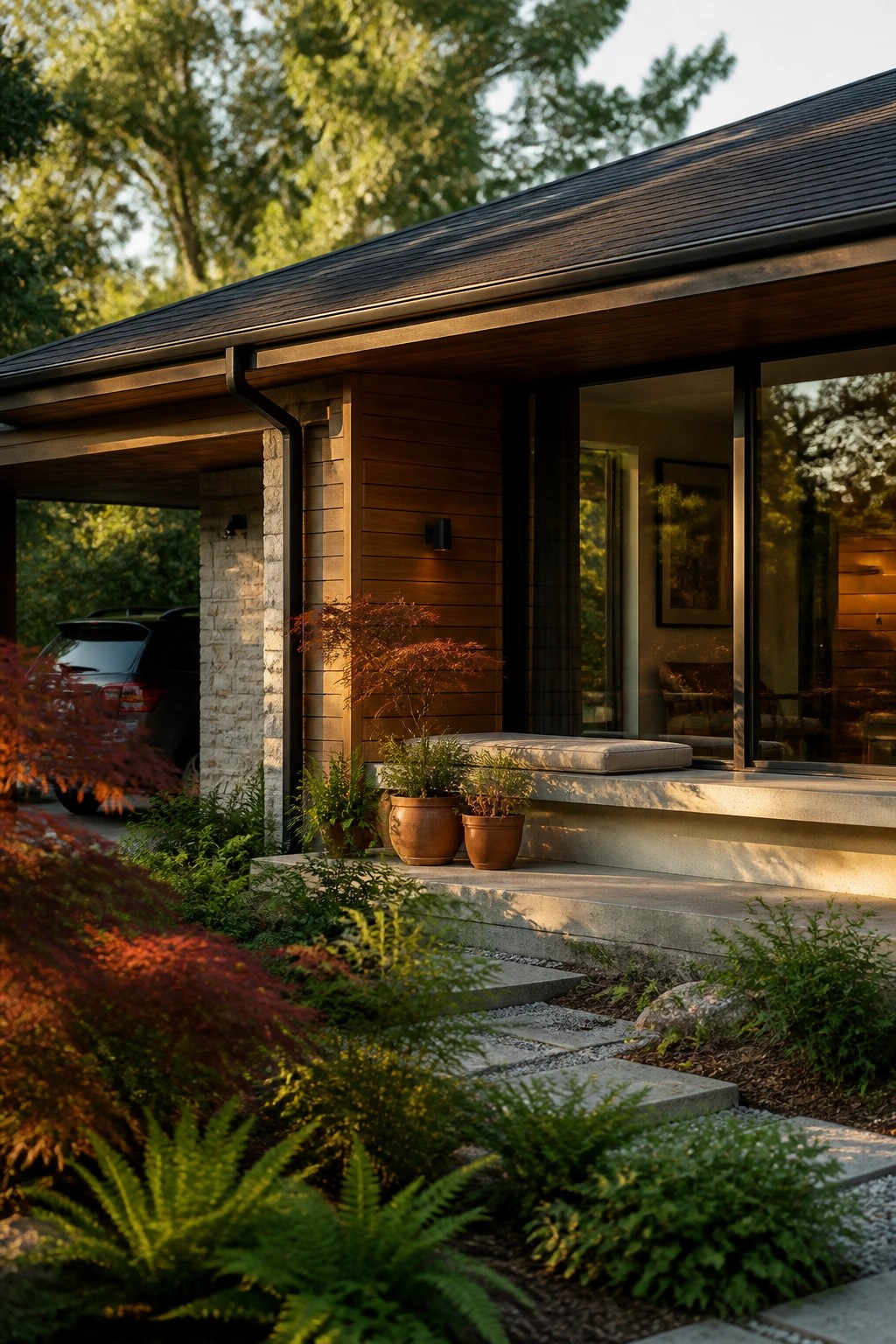 A modern one-story house exterior with a dark low-sloping roof extending over a carport, horizontal wood siding, large windows, concrete steps, and potted plants along the front.