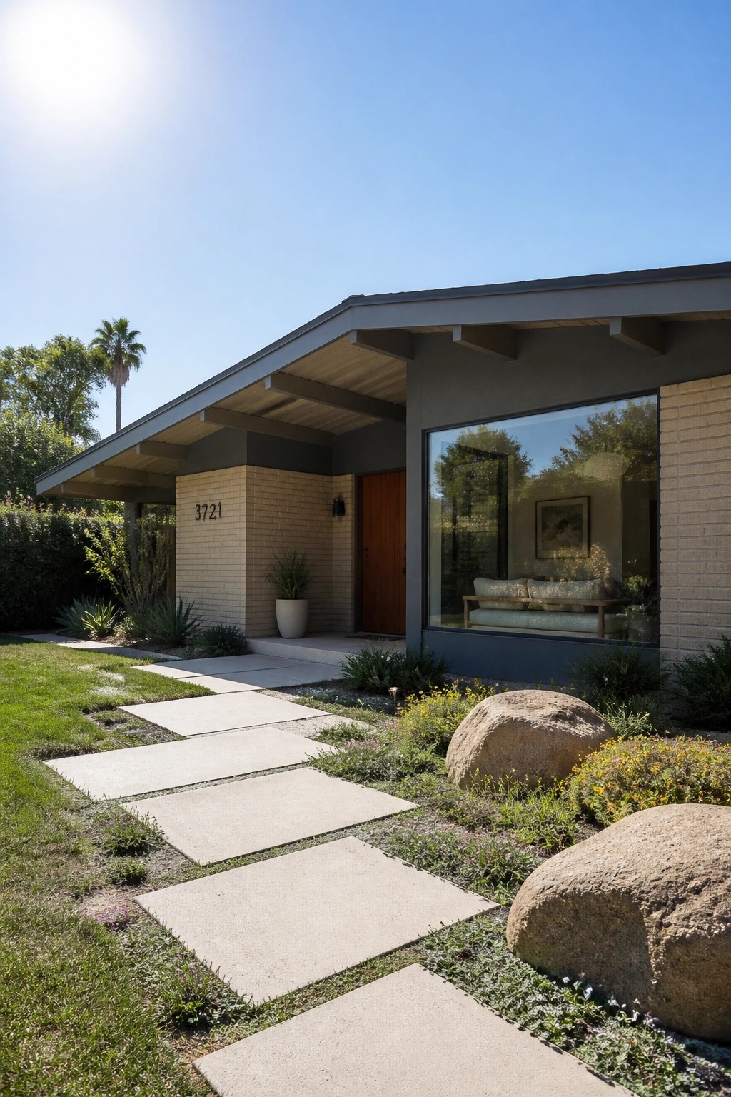 A modern one-story house exterior with a flat overhanging roof, beige brick walls, a large glass window, a wooden front door, and a concrete paver pathway through the front yard.