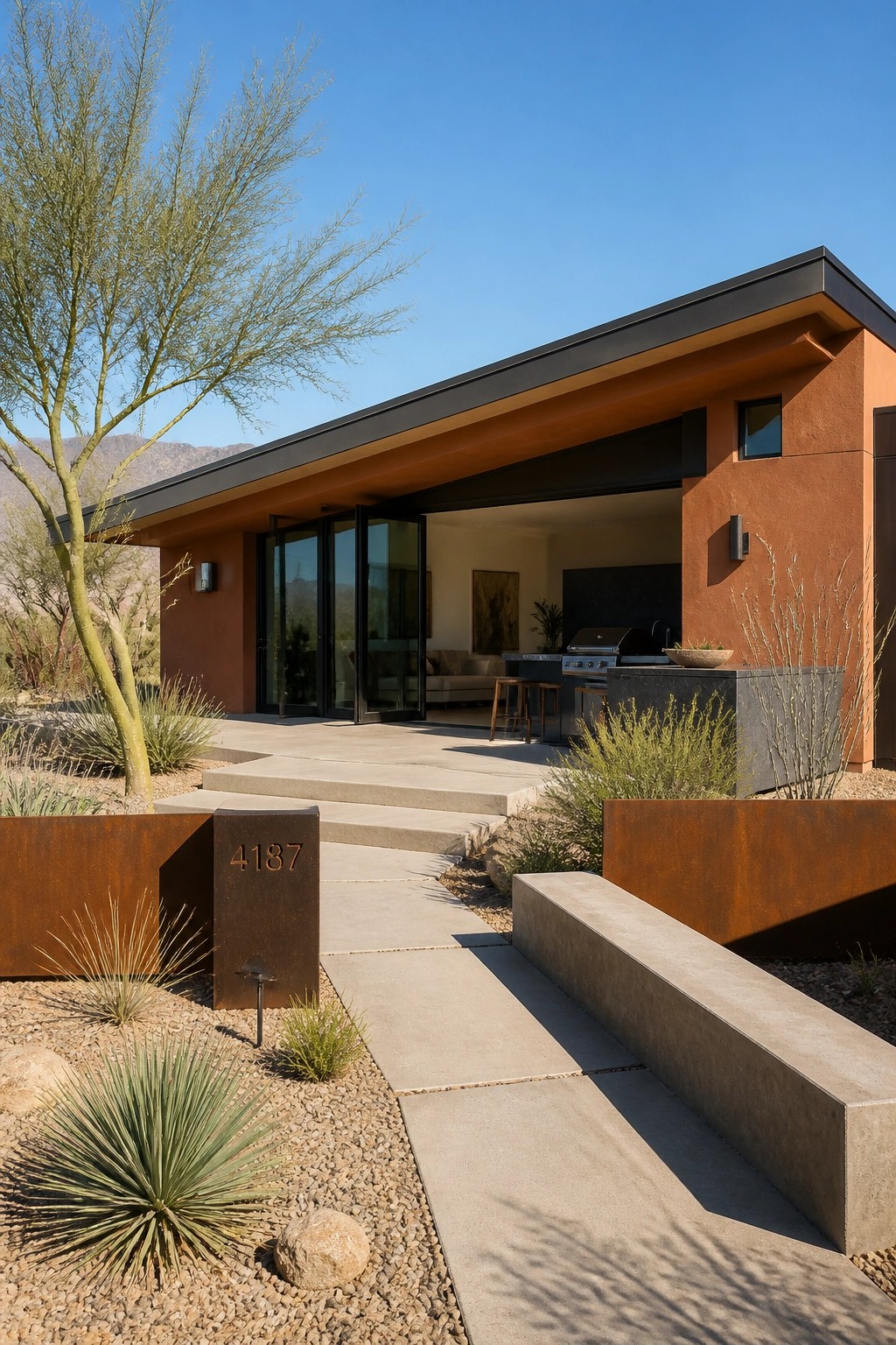 Modern one-story house with terracotta walls, black flat roof overhang, concrete steps, and an outdoor kitchen area.