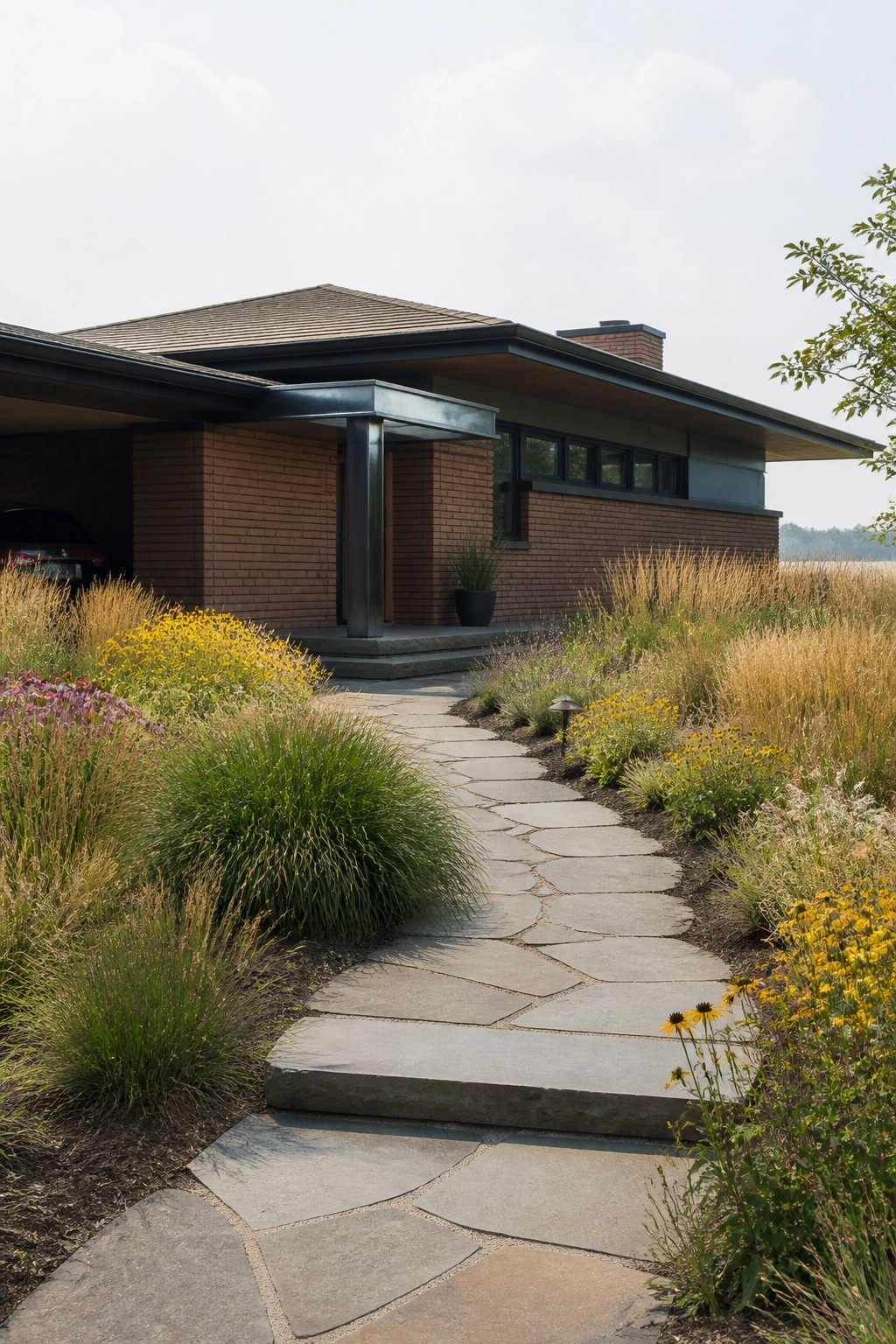 A modern one-story brick house with a low overhanging roof, metal support post at the entry, and a stone path leading to the front door through prairie-style landscaping.