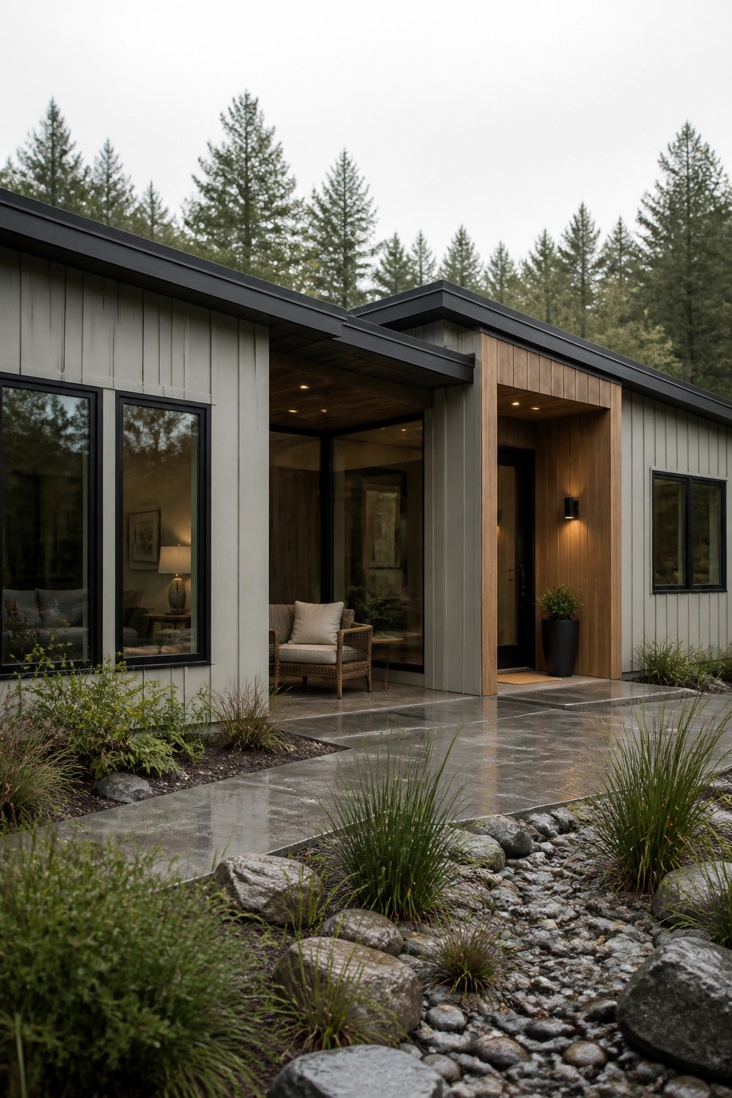 A modern one-story house exterior with gray siding, a flat black roofline, wood accents at the entry, large windows, and a stone pathway bordered by rocks and plants.