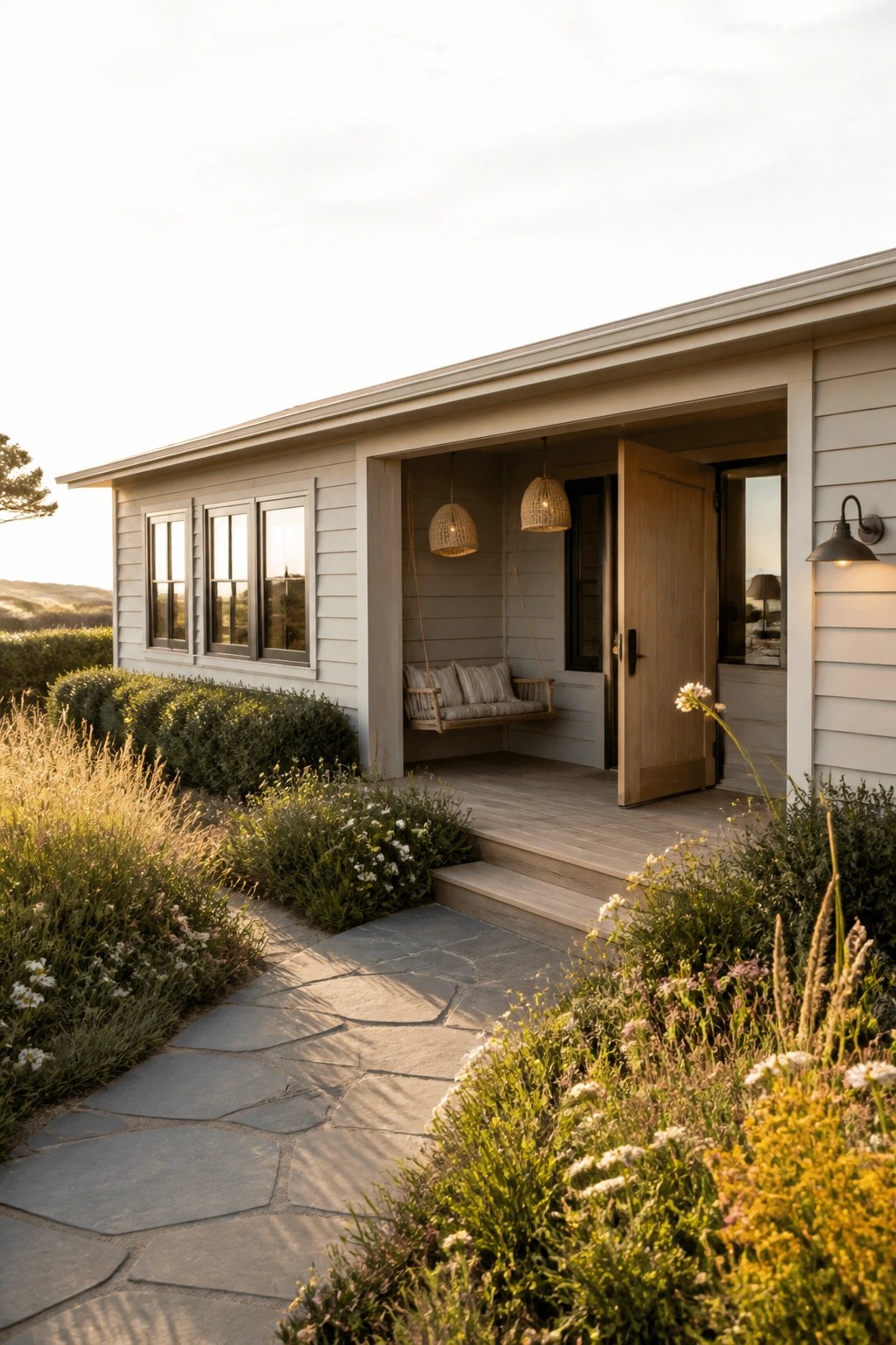Modern house porch with wooden swing, woven lights, open door, and stone path.