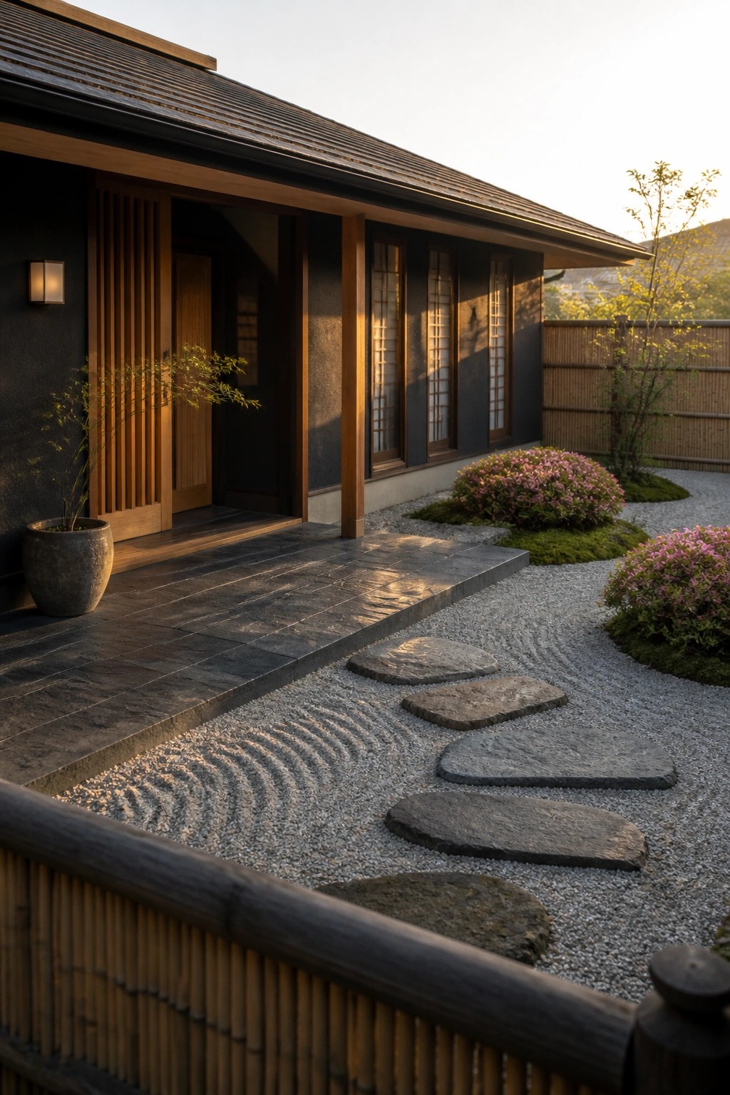 A modern one-story house with a dark exterior, wooden accents, and a low tiled roof next to a gravel path with stepping stones and pink flowering shrubs.