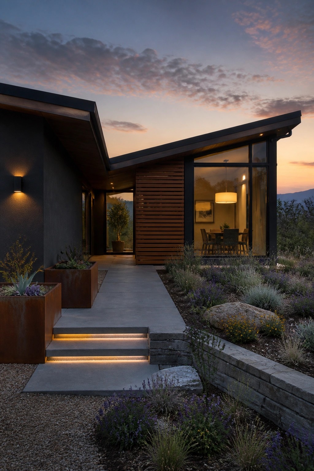 Modern one-story house exterior at dusk with low angled roofline, dark siding, large glass windows, and concrete steps leading to the entry.