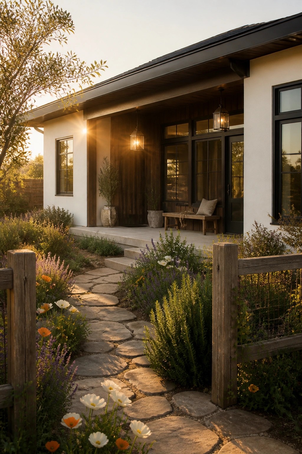 A modern one-story house exterior with a dark streamlined roof, white siding, black-framed windows, and a covered porch at sunset.