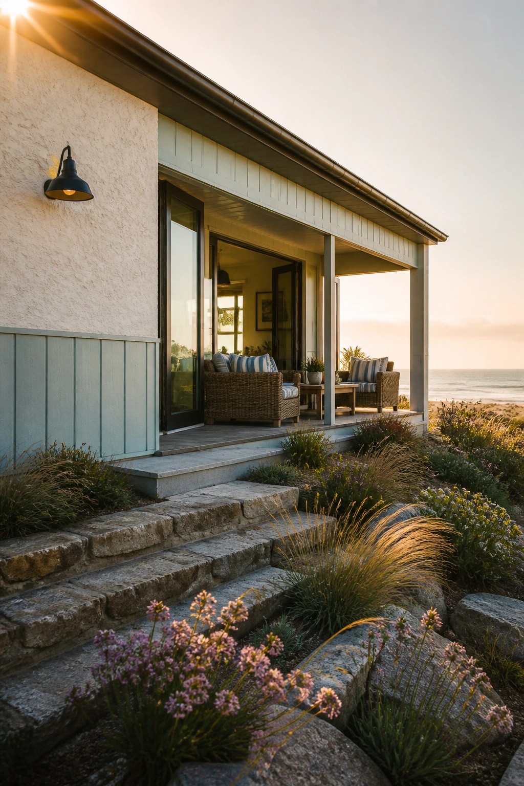 A one-story house with a light stucco exterior, low streamlined roof extending over a porch with wicker seating, stone steps, and coastal plants in the foreground.