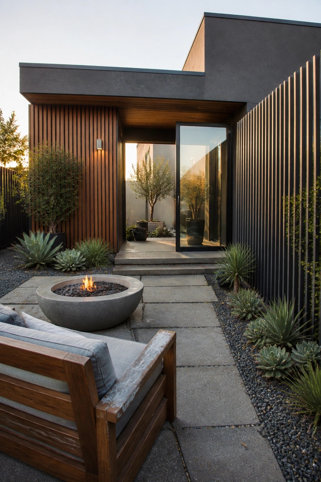 Modern patio with concrete fire pit, wooden sofa, and desert plants at dusk.