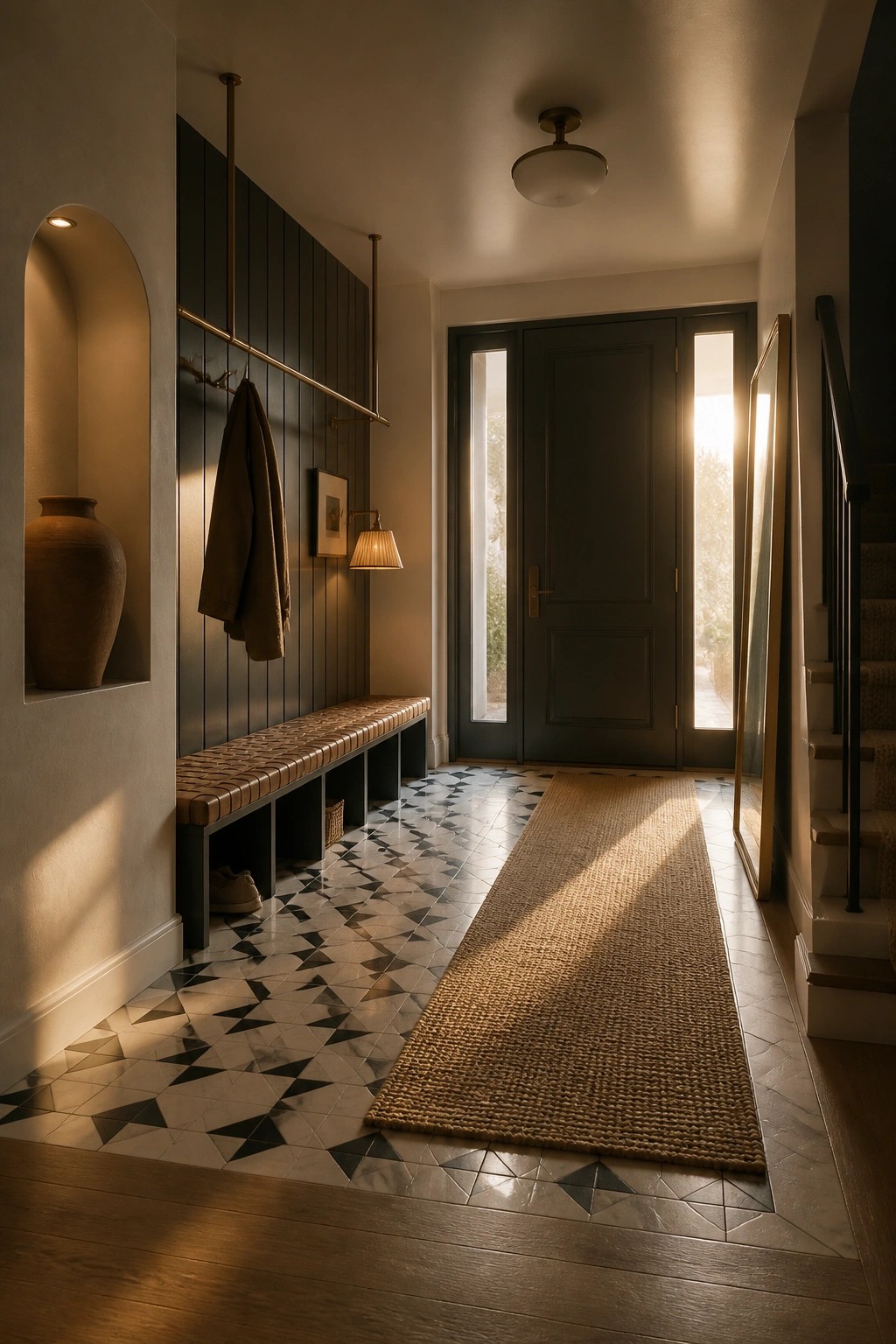 An interior entry hallway featuring a long built-in bench with woven seat and open storage cubbies, brass coat hooks on a dark paneled wall, patterned tile flooring, and a jute runner leading to a dark front door.